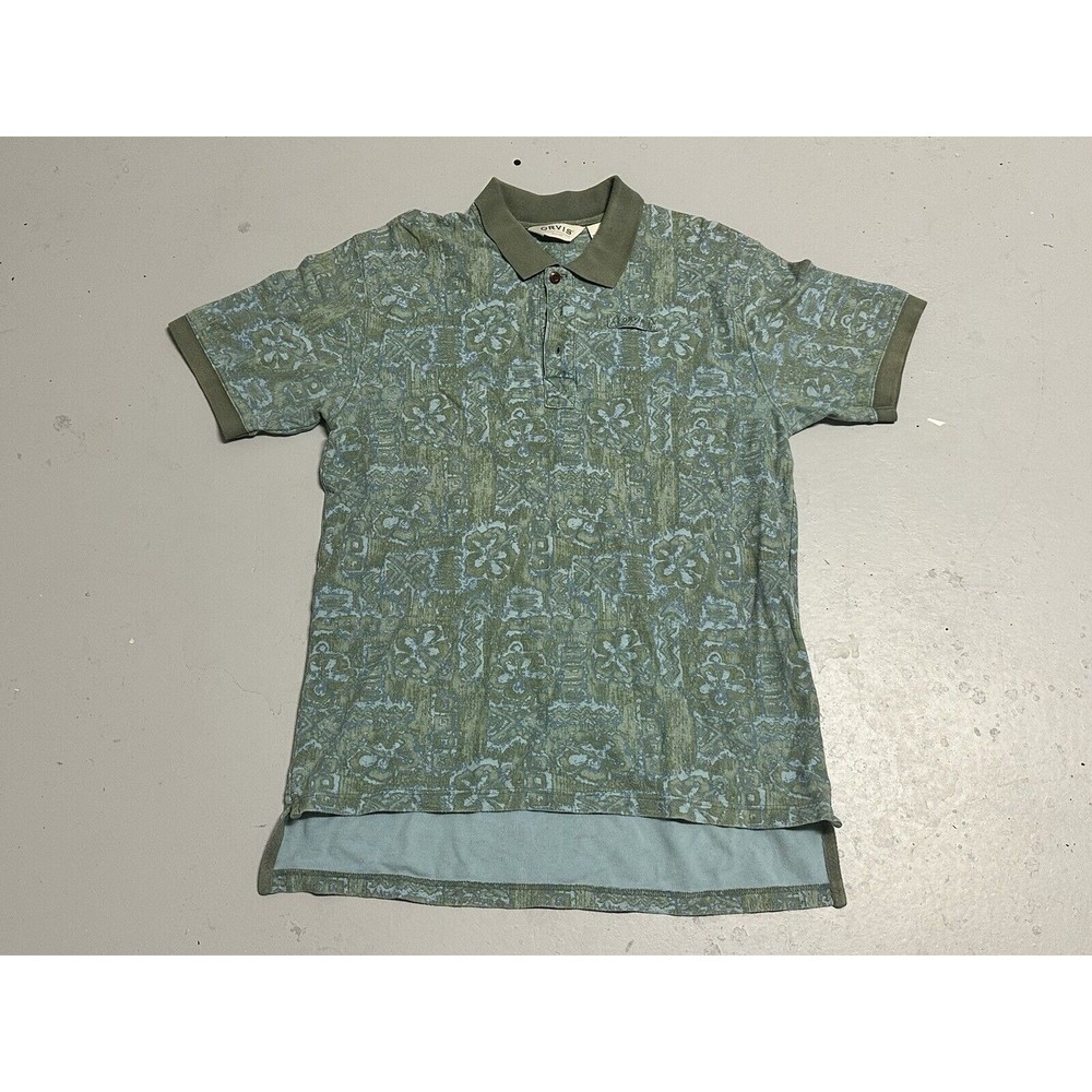 Orvis Polo Shirt Mens L Green Blue Short Sleeve 100% Cotton Floral Hi Low Hem